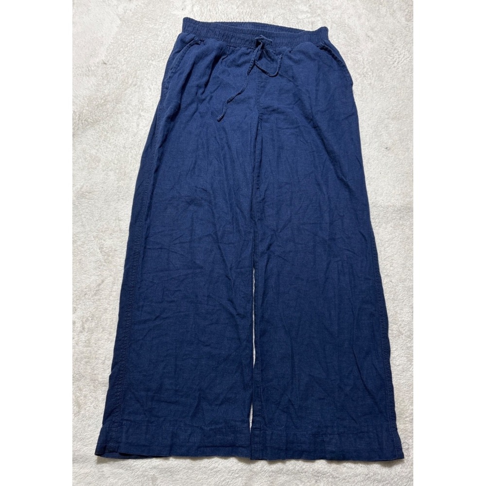 Briggs Linen Pants Women's Medium Blue Wide Leg Elastic Waist Drawstring Pull On